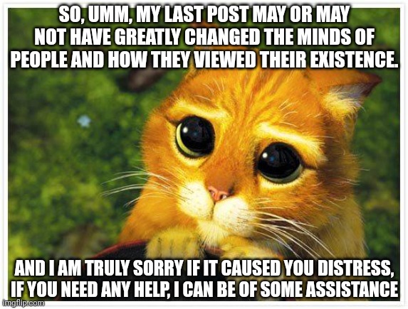 Yeah, so... I'm sorry | SO, UMM, MY LAST POST MAY OR MAY NOT HAVE GREATLY CHANGED THE MINDS OF PEOPLE AND HOW THEY VIEWED THEIR EXISTENCE. AND I AM TRULY SORRY IF IT CAUSED YOU DISTRESS, IF YOU NEED ANY HELP, I CAN BE OF SOME ASSISTANCE | image tagged in sorry kitty | made w/ Imgflip meme maker
