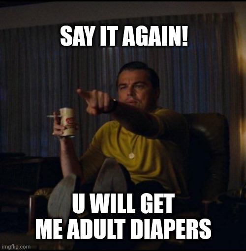 Leonardo DiCaprio Pointing | SAY IT AGAIN! U WILL GET ME ADULT DIAPERS | image tagged in leonardo dicaprio pointing | made w/ Imgflip meme maker