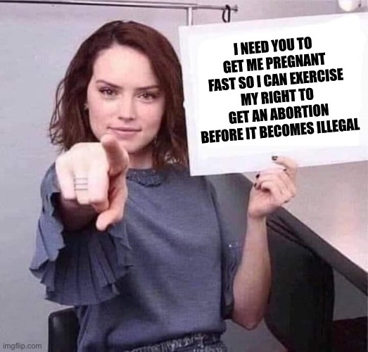 If Abortion Was Such An Important Right, This Would Happen: | I NEED YOU TO GET ME PREGNANT FAST SO I CAN EXERCISE MY RIGHT TO GET AN ABORTION BEFORE IT BECOMES ILLEGAL | image tagged in woman pointing holding blank sign,abortion,liberal logic | made w/ Imgflip meme maker