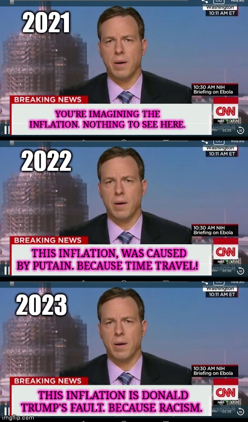 Inflation isn't biden's fault! He's doing his best! | 2021 2022 2023 YOU'RE IMAGINING THE INFLATION. NOTHING TO SEE HERE. THIS INFLATION, WAS CAUSED BY PUTAIN. BECAUSE TIME TRAVEL! THIS INFLATIO | image tagged in cnn breaking news template,inflation,cnn fake news,bidenflation | made w/ Imgflip meme maker