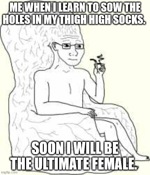 Trans girl level up 1. | ME WHEN I LEARN TO SOW THE HOLES IN MY THIGH HIGH SOCKS. SOON I WILL BE THE ULTIMATE FEMALE. | image tagged in big brain wojak | made w/ Imgflip meme maker