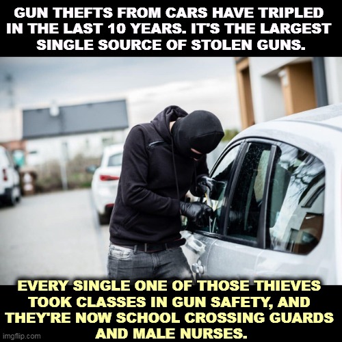Uhhhhh..... | GUN THEFTS FROM CARS HAVE TRIPLED 
IN THE LAST 10 YEARS. IT'S THE LARGEST 
SINGLE SOURCE OF STOLEN GUNS. EVERY SINGLE ONE OF THOSE THIEVES 
TOOK CLASSES IN GUN SAFETY, AND 
THEY'RE NOW SCHOOL CROSSING GUARDS 
AND MALE NURSES. | image tagged in stolen,guns,cars | made w/ Imgflip meme maker