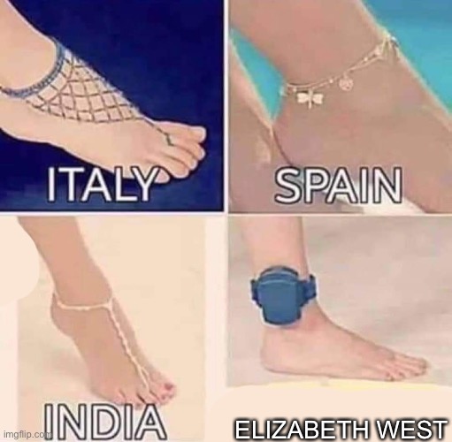 Lizzbeff West | ELIZABETH WEST | image tagged in ankle jewelry,gps,tracking,tracker | made w/ Imgflip meme maker