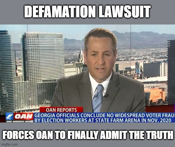 OAN admits no widespread voter fraud in Georgia | DEFAMATION LAWSUIT; FORCES OAN TO FINALLY ADMIT THE TRUTH | image tagged in election 2020,trump,the big lie,georgia,oan,gop propagandists | made w/ Imgflip meme maker