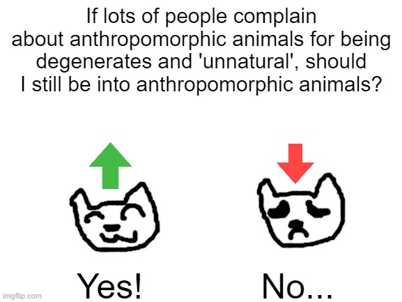 I swear to God that this is not upvote begging! | If lots of people complain about anthropomorphic animals for being degenerates and 'unnatural', should I still be into anthropomorphic animals? Yes! No... | image tagged in blank white template,anthro,animals,decisions,question,unnatural | made w/ Imgflip meme maker