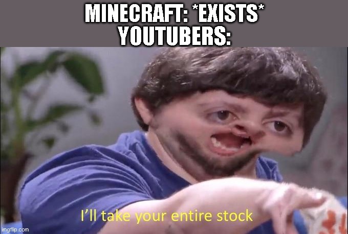 i'll take your entire stock | MINECRAFT: *EXISTS*; YOUTUBERS: | image tagged in i'll take your entire stock | made w/ Imgflip meme maker