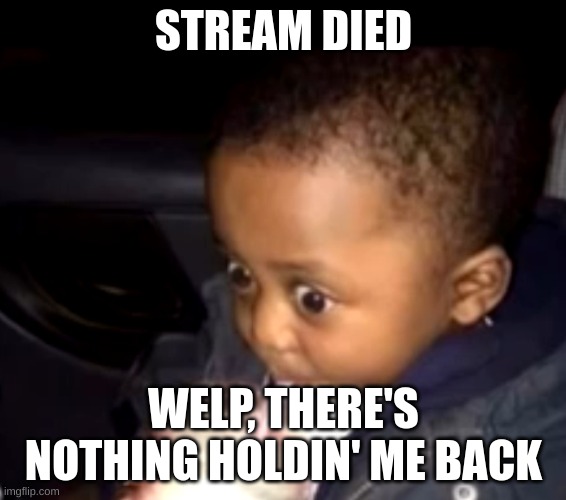 LET THE SING 2 SHITPOSTING BEGIN | STREAM DIED; WELP, THERE'S NOTHING HOLDIN' ME BACK | image tagged in uh oh drinking kid | made w/ Imgflip meme maker