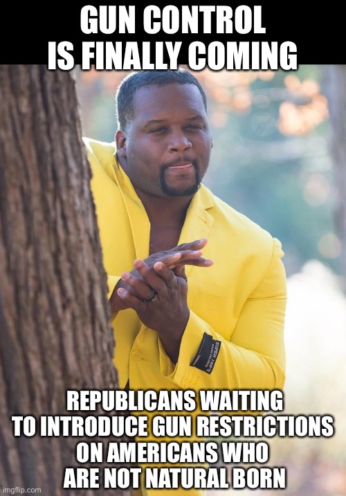 Anthony Adams Rubbing Hands |  GUN CONTROL IS FINALLY COMING; REPUBLICANS WAITING TO INTRODUCE GUN RESTRICTIONS 
ON AMERICANS WHO 
ARE NOT NATURAL BORN | image tagged in anthony adams rubbing hands | made w/ Imgflip meme maker