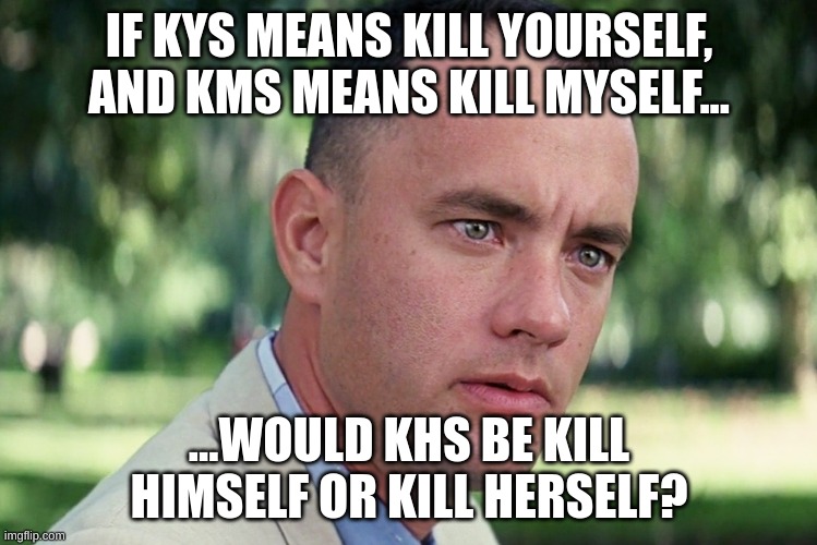 And Just Like That | IF KYS MEANS KILL YOURSELF, AND KMS MEANS KILL MYSELF... ...WOULD KHS BE KILL HIMSELF OR KILL HERSELF? | image tagged in memes,and just like that | made w/ Imgflip meme maker