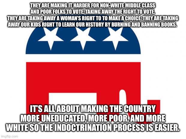 Republican | THEY ARE MAKING IT HARDER FOR NON-WHITE MIDDLE CLASS AND POOR FOLKS TO VOTE. TAKING AWAY THE RIGHT TO VOTE.
THEY ARE TAKING AWAY A WOMAN’S RIGHT TO TO MAKE A CHOICE. THEY ARE TAKING AWAY OUR KIDS RIGHT TO LEARN OUR HISTORY BY BURNING AND BANNING BOOKS. IT’S ALL ABOUT MAKING THE COUNTRY MORE UNEDUCATED, MORE POOR, AND MORE WHITE SO THE INDOCTRINATION PROCESS IS EASIER. | image tagged in republican | made w/ Imgflip meme maker