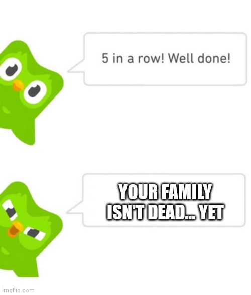 Don't mess with duo |  YOUR FAMILY ISN'T DEAD... YET | image tagged in duolingo 5 in a row | made w/ Imgflip meme maker