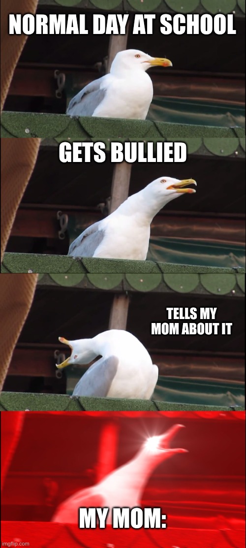 my mom when i tell her that im bullied at school |  NORMAL DAY AT SCHOOL; GETS BULLIED; TELLS MY MOM ABOUT IT; MY MOM: | image tagged in memes,inhaling seagull | made w/ Imgflip meme maker