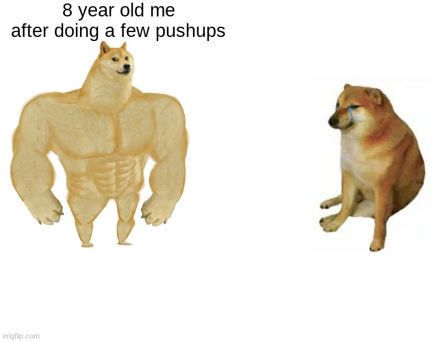 lol | 8 year old me after doing a few pushups | image tagged in memes,buff doge vs cheems | made w/ Imgflip meme maker
