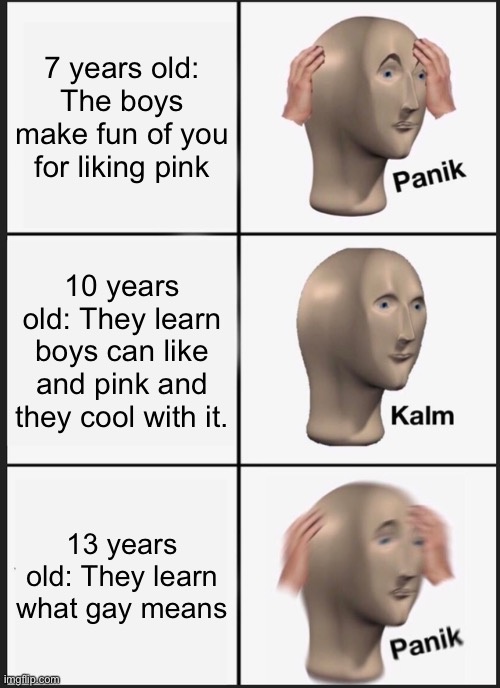 16: They get arrested for being bitches | 7 years old: The boys make fun of you for liking pink; 10 years old: They learn boys can like and pink and they cool with it. 13 years old: They learn what gay means | image tagged in memes,panik kalm panik | made w/ Imgflip meme maker