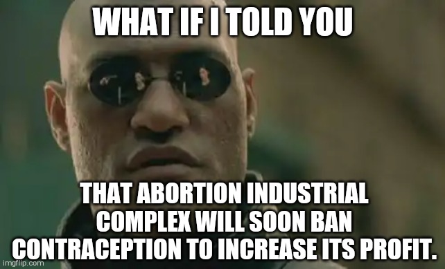 Matrix Morpheus | WHAT IF I TOLD YOU; THAT ABORTION INDUSTRIAL COMPLEX WILL SOON BAN CONTRACEPTION TO INCREASE ITS PROFIT. | image tagged in memes,matrix morpheus | made w/ Imgflip meme maker
