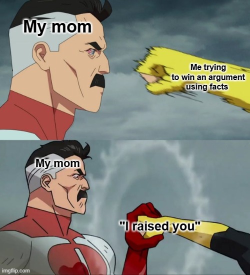 Every single argument I've had with my mom in the form of a meme: | My mom; Me trying to win an argument using facts; My mom; "I raised you" | image tagged in nolan grayson catches punch | made w/ Imgflip meme maker