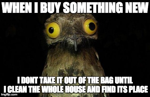 Weird Stuff I Do Potoo | WHEN I BUY SOMETHING NEW I DONT TAKE IT OUT OF THE BAG UNTIL I CLEAN THE WHOLE HOUSE AND FIND ITS PLACE | image tagged in memes,weird stuff i do potoo,AdviceAnimals | made w/ Imgflip meme maker