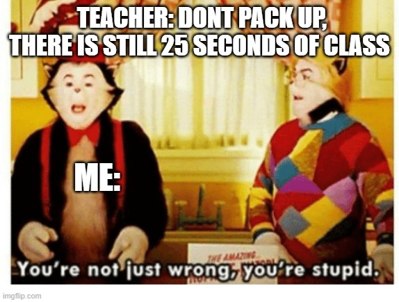 You're not just wrong your stupid | TEACHER: DONT PACK UP, THERE IS STILL 25 SECONDS OF CLASS ME: | image tagged in you're not just wrong your stupid | made w/ Imgflip meme maker