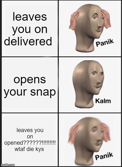 can't physically deal at this point  x | leaves you on delivered; opens your snap; leaves you on opened??????!!!!!!!!! wtaf die kys | image tagged in memes,panik kalm panik | made w/ Imgflip meme maker