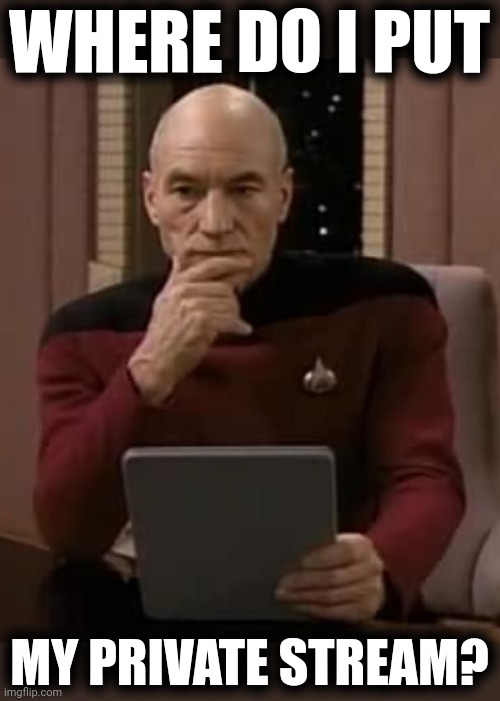 curious picard | WHERE DO I PUT MY PRIVATE STREAM? | image tagged in curious picard | made w/ Imgflip meme maker