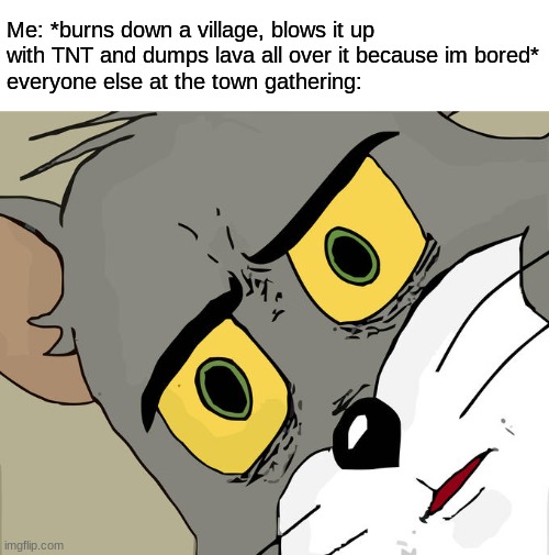 Unsettled Tom | Me: *burns down a village, blows it up with TNT and dumps lava all over it because im bored*
everyone else at the town gathering: | image tagged in memes,unsettled tom | made w/ Imgflip meme maker