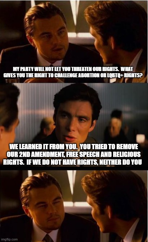 Our turn.  We will decide what rights you can have. | MY PARTY WILL NOT LET YOU THREATEN OUR RIGHTS.  WHAT GIVES YOU THE RIGHT TO CHALLENGE ABORTION OR LQBTQ+ RIGHTS? WE LEARNED IT FROM YOU.  YOU TRIED TO REMOVE OUR 2ND AMENDMENT, FREE SPEECH AND RELIGIOUS RIGHTS.  IF WE DO NOT HAVE RIGHTS, NEITHER DO YOU | image tagged in memes,inception,you have zero rights,our turn,go to your safe space and cry,we learned it from you | made w/ Imgflip meme maker