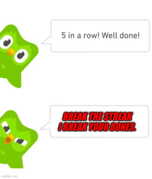 Duolingo 5 in a row | BREAK THE STREAK I BREAK YOUR BONES. | image tagged in duolingo 5 in a row | made w/ Imgflip meme maker