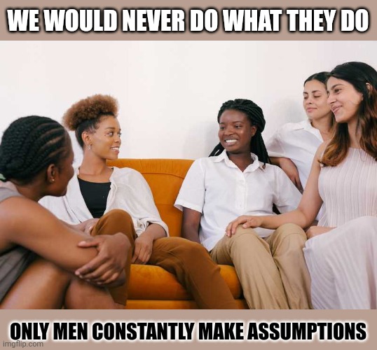 Let's face it: we all make assumptions | WE WOULD NEVER DO WHAT THEY DO; ONLY MEN CONSTANTLY MAKE ASSUMPTIONS | image tagged in thinking,assumptions,no exceptions | made w/ Imgflip meme maker