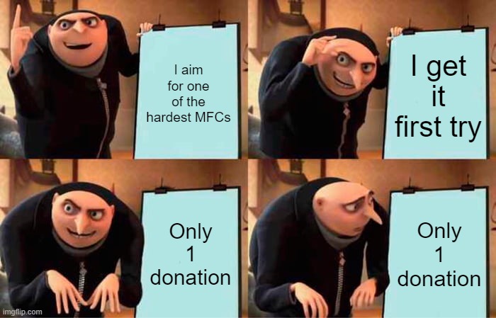 KON be like | I aim for one of the hardest MFCs; I get it first try; Only 1 donation; Only 1 donation | image tagged in memes,gru's plan,ddr | made w/ Imgflip meme maker