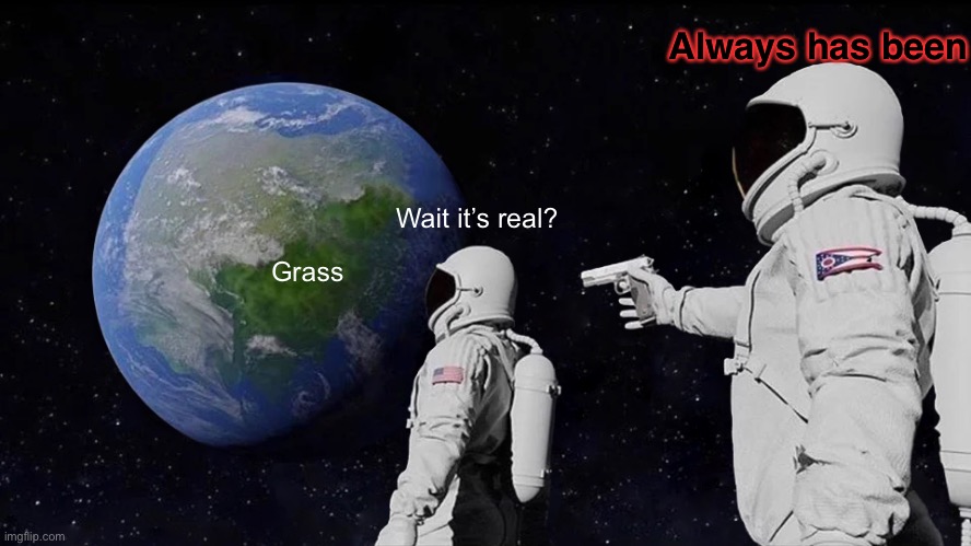 Grass? I’ve never heard of it! |  Always has been; Wait it’s real? Grass | image tagged in memes,always has been,grass | made w/ Imgflip meme maker