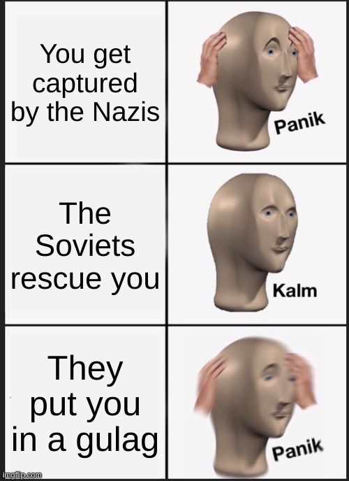 Panik Kalm Panik | You get captured by the Nazis; The Soviets rescue you; They put you in a gulag | image tagged in memes,panik kalm panik | made w/ Imgflip meme maker