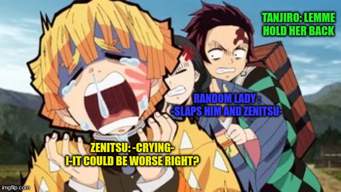 seems legit | TANJIRO: LEMME HOLD HER BACK; RANDOM LADY : -SLAPS HIM AND ZENITSU-; ZENITSU: -CRYING- I-IT COULD BE WORSE RIGHT? | image tagged in it could be so much worse,zenitsu,demon slayer | made w/ Imgflip meme maker