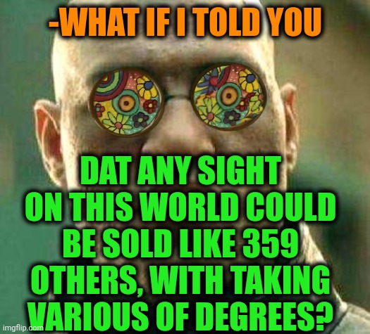 -There many others. |  -WHAT IF I TOLD YOU; DAT ANY SIGHT ON THIS WORLD COULD BE SOLD LIKE 359 OTHERS, WITH TAKING VARIOUS OF DEGREES? | image tagged in acid kicks in morpheus,look at all these,sold out,world,what if i told you,degree | made w/ Imgflip meme maker