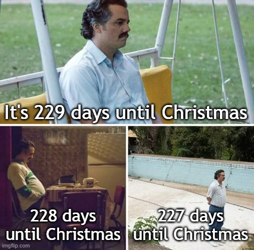 Sad Pablo Escobar | It's 229 days until Christmas; 228 days until Christmas; 227 days until Christmas | image tagged in memes,sad pablo escobar | made w/ Imgflip meme maker