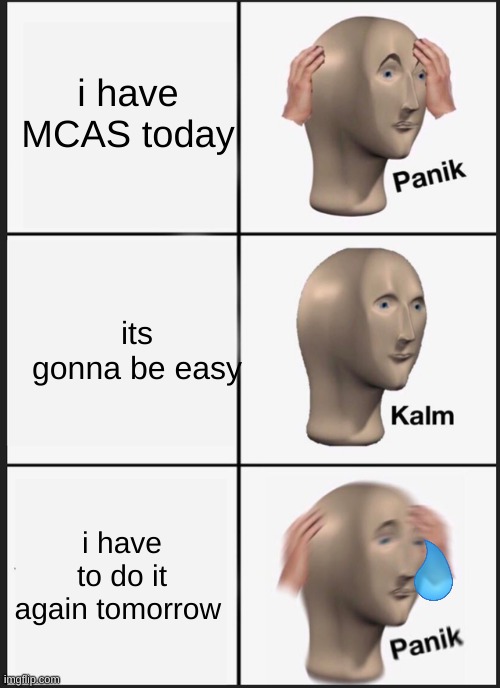 long time no see im in 5th grade | i have MCAS today; its gonna be easy; i have to do it again tomorrow | image tagged in memes,panik kalm panik | made w/ Imgflip meme maker