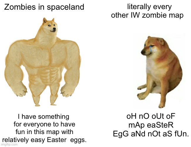 Buff Doge vs. Cheems Meme | Zombies in spaceland; literally every other IW zombie map; oH nO oUt oF mAp eaSteR EgG aNd nOt aS fUn. I have something  for everyone to have fun in this map with relatively easy Easter  eggs. | image tagged in memes,buff doge vs cheems | made w/ Imgflip meme maker