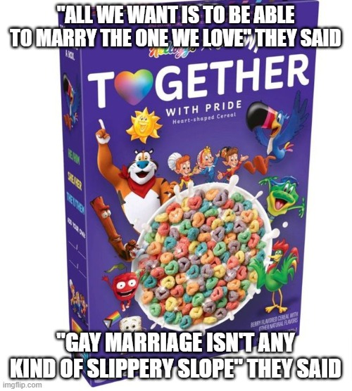 Kellogs again | "ALL WE WANT IS TO BE ABLE TO MARRY THE ONE WE LOVE" THEY SAID; "GAY MARRIAGE ISN'T ANY KIND OF SLIPPERY SLOPE" THEY SAID | image tagged in lgbtq,children,kellogs | made w/ Imgflip meme maker