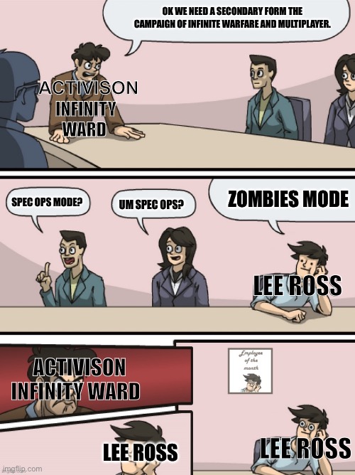 Employee of the month fixed textboxes | OK WE NEED A SECONDARY FORM THE CAMPAIGN OF INFINITE WARFARE AND MULTIPLAYER. ACTIVISON; INFINITY WARD; ZOMBIES MODE; SPEC OPS MODE? UM SPEC OPS? LEE ROSS; ACTIVISON INFINITY WARD; LEE ROSS; LEE ROSS | image tagged in employee of the month fixed textboxes | made w/ Imgflip meme maker