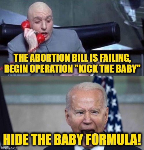 Doctor Evil and Frau Joe | THE ABORTION BILL IS FAILING, BEGIN OPERATION "KICK THE BABY"; HIDE THE BABY FORMULA! | image tagged in dr evil and joe | made w/ Imgflip meme maker