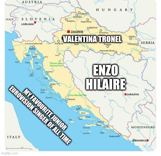 Valentina vs Enzo but represented in Croatia blocking access to water for Bosnia | VALENTINA TRONEL; ENZO HILAIRE; MY FAVOURITE JUNIOR EUROVISION SINGER OF ALL TIME | image tagged in croatia-blocks-bosnia,memes,valentina tronel,enzo shitlaire,french,singer | made w/ Imgflip meme maker
