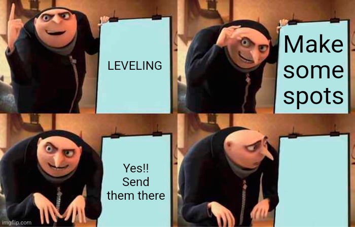 Gru's Plan Meme | LEVELING; Make some spots; Yes!! Send them there | image tagged in memes,gru's plan | made w/ Imgflip meme maker