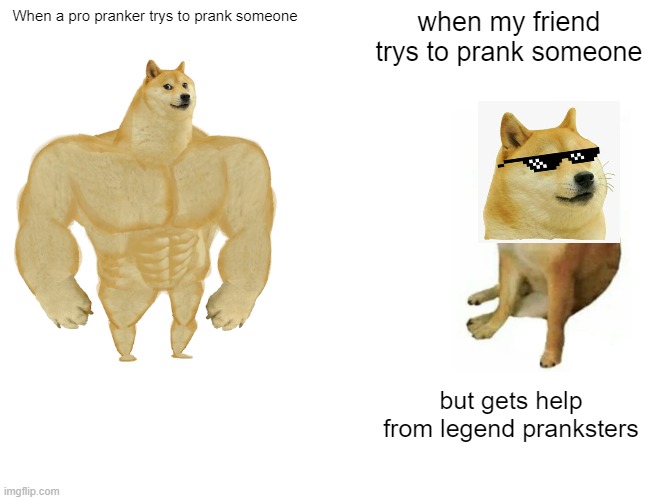 .... | When a pro pranker trys to prank someone; when my friend trys to prank someone; but gets help from legend pranksters | image tagged in memes,buff doge vs cheems | made w/ Imgflip meme maker