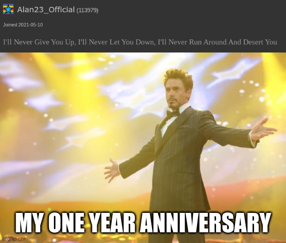 ONE FULL YEAR! |  MY ONE YEAR ANNIVERSARY | image tagged in tony stark success,memes,imgflip anniversary,one year anniversary,anniversary,thank you | made w/ Imgflip meme maker