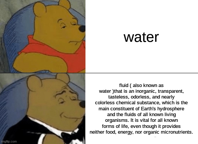 Tuxedo Winnie The Pooh | water; fluid ( also known as water )that is an inorganic, transparent, tasteless, odorless, and nearly colorless chemical substance, which is the main constituent of Earth's hydrosphere and the fluids of all known living organisms. It is vital for all known forms of life, even though it provides neither food, energy, nor organic micronutrients. | image tagged in memes,tuxedo winnie the pooh | made w/ Imgflip meme maker