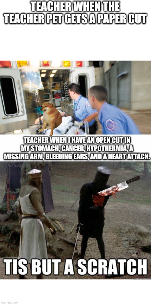 Tis but a scratch | TEACHER WHEN THE TEACHER PET GETS A PAPER CUT; TEACHER WHEN I HAVE AN OPEN CUT IN MY STOMACH, CANCER, HYPOTHERMIA, A MISSING ARM, BLEEDING EARS, AND A HEART ATTACK. | image tagged in tis but a scratch | made w/ Imgflip meme maker