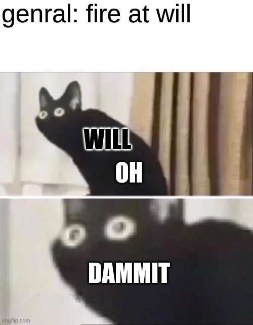 dammmit stupd name | genral: fire at will; WILL; OH; DAMMIT | image tagged in oh no black cat | made w/ Imgflip meme maker