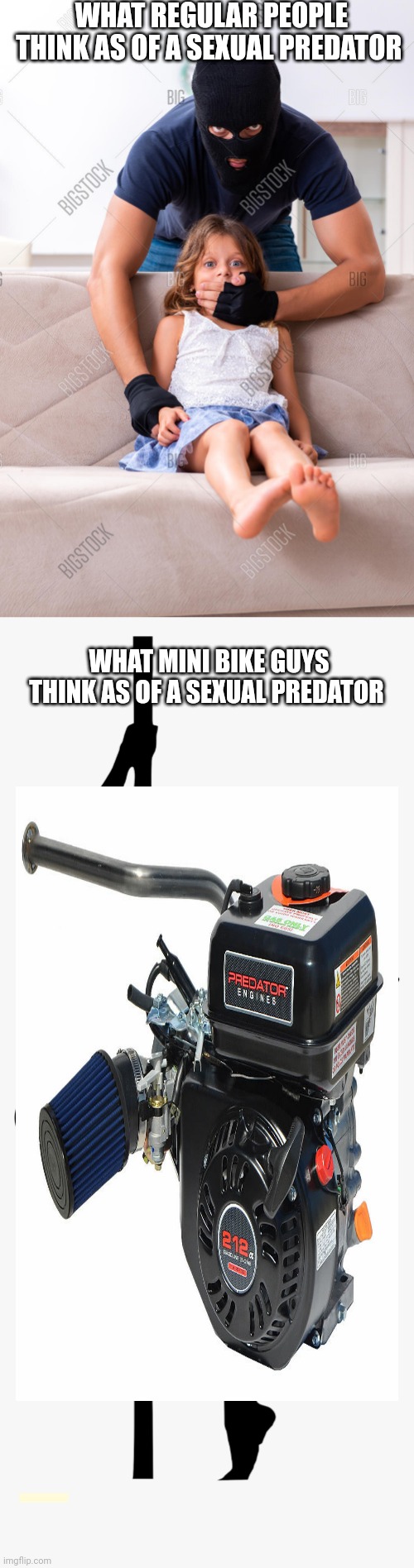 Minibike community tap in, what do you think | WHAT REGULAR PEOPLE THINK AS OF A SEXUAL PREDATOR; WHAT MINI BIKE GUYS THINK AS OF A SEXUAL PREDATOR | image tagged in funny memes | made w/ Imgflip meme maker