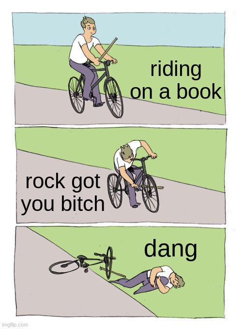 Bike Fall Meme | riding on a book; rock got you bitch; dang | image tagged in memes,bike fall | made w/ Imgflip meme maker