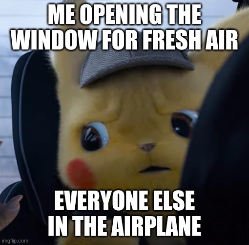 ayoo |  ME OPENING THE WINDOW FOR FRESH AIR; EVERYONE ELSE IN THE AIRPLANE | image tagged in unsettled detective pikachu | made w/ Imgflip meme maker