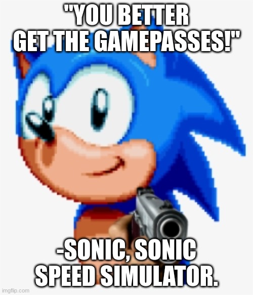 buy them NOW. | "YOU BETTER GET THE GAMEPASSES!"; -SONIC, SONIC SPEED SIMULATOR. | image tagged in sonic gun pointed | made w/ Imgflip meme maker